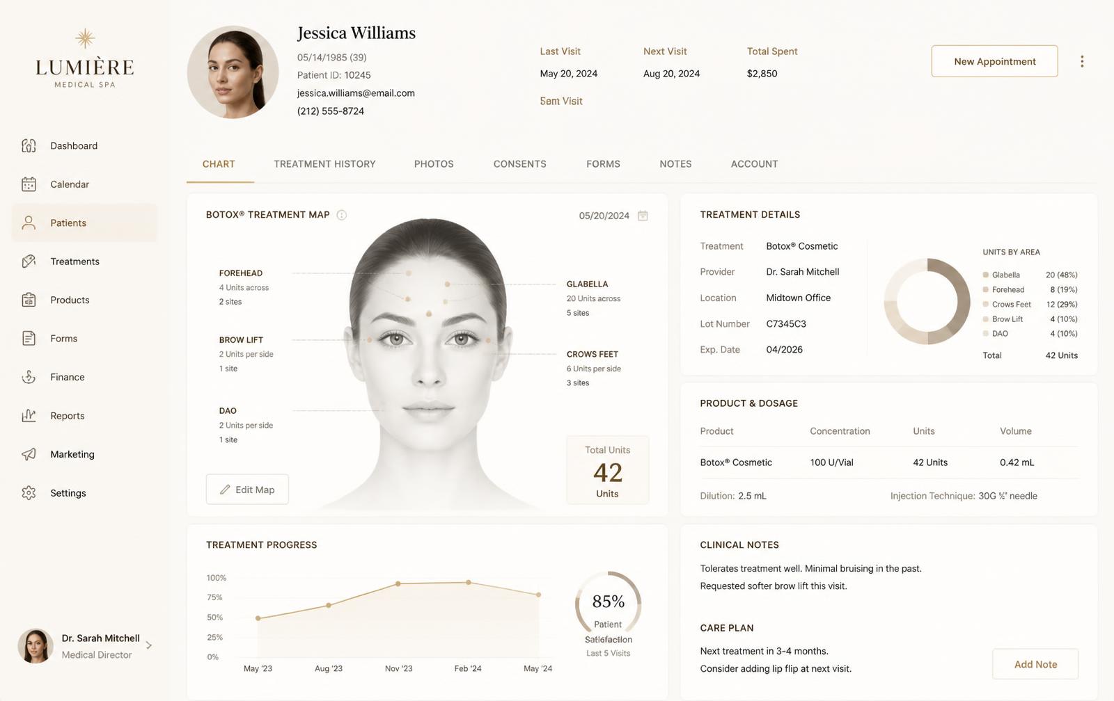 Med Spa Management patient chart with a Botox injection map and treatment details